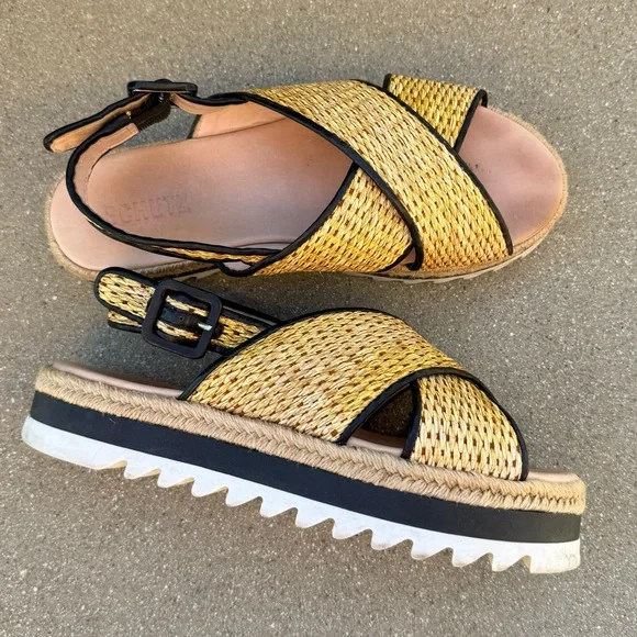 Schutz Aiyana Platform Slingback Sandal Size 7 Tan White Raffia - Picture 3 of 7